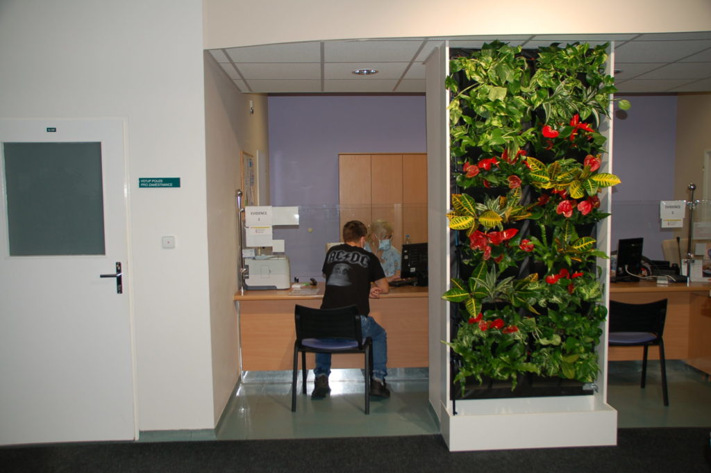 Menší zelená vertikální stěna s rostlinami v administrativní budově